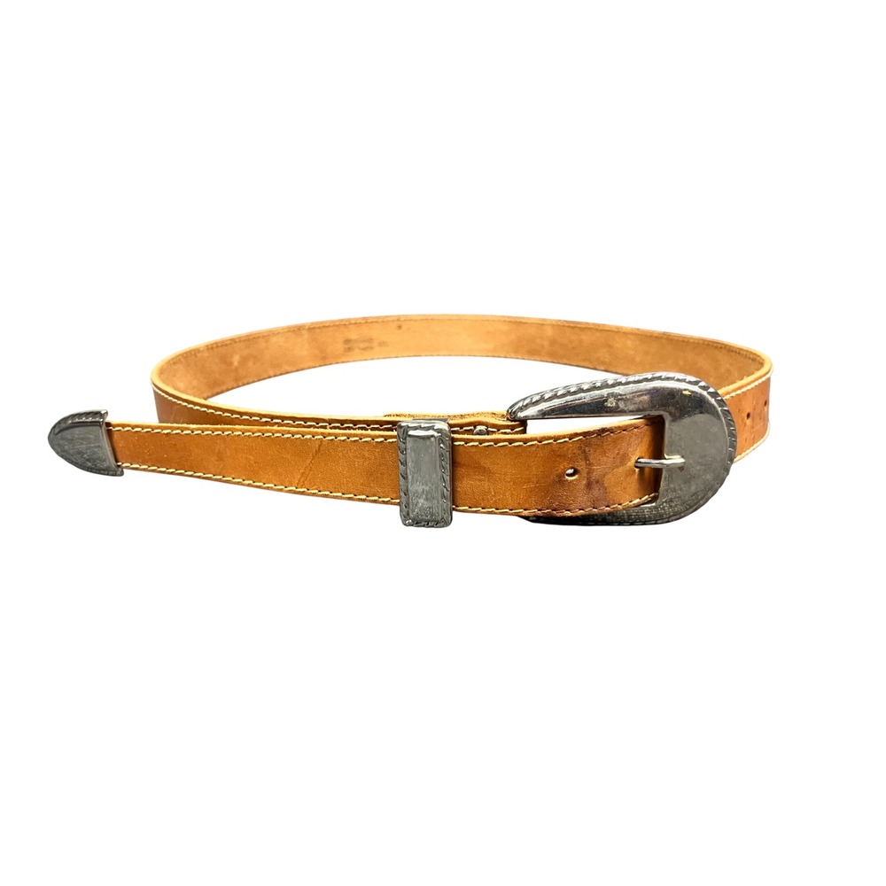 Revcor Tan Genuine Leather Western Belt Silver 3 Piece Buckle Set Size M 44in